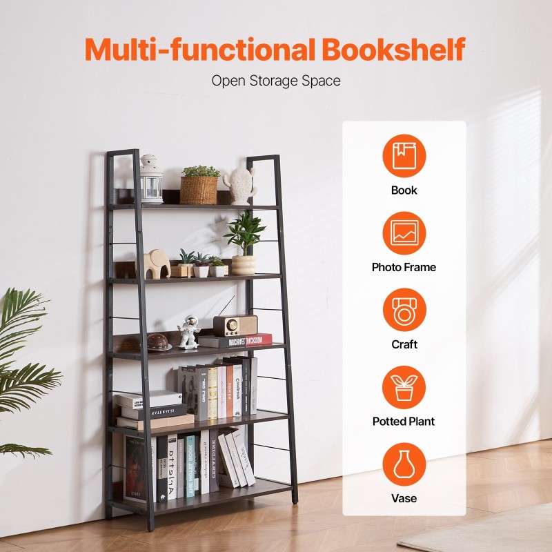 Metallinen 5-tasoinen kirjahylly korkea kapea puunsävyisillä hyllyillä kaatumissuojalla