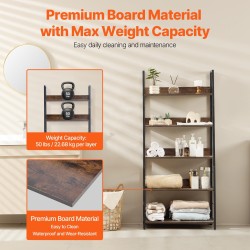 Metallinen 5-tasoinen kirjahylly korkea kapea puunsävyisillä hyllyillä kaatumissuojalla