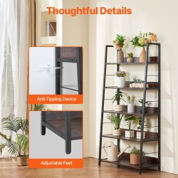 Metallinen 5-tasoinen kirjahylly korkea kapea puunsävyisillä hyllyillä kaatumissuojalla