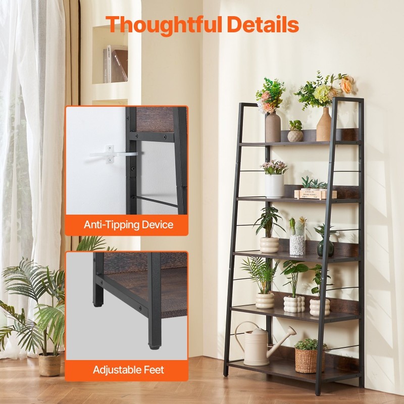 Metallinen 5-tasoinen kirjahylly korkea kapea puunsävyisillä hyllyillä kaatumissuojalla