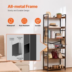 Metallinen 6-tasoinen kirjahylly MDF-hyllyillä säädettävillä jaloilla 300 x 650 x 1750 mm