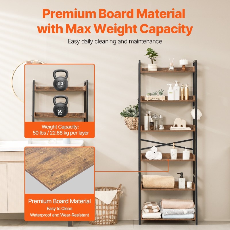 Metallinen 6-tasoinen kirjahylly MDF-hyllyillä säädettävillä jaloilla 300 x 650 x 1750 mm