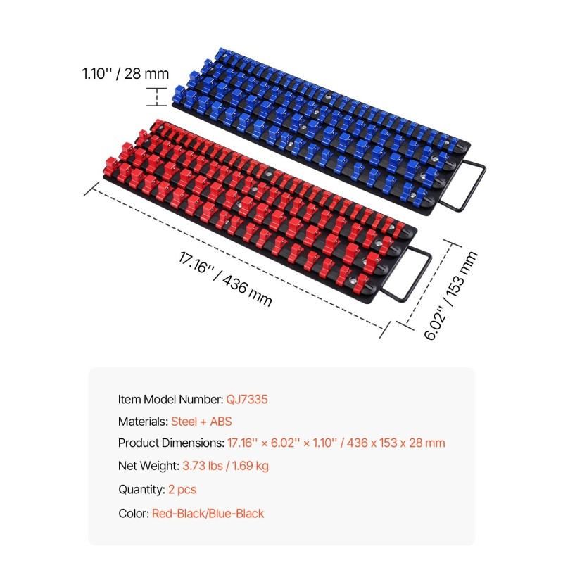 Hylsyjen järjestelyalusta teräs ABS-muovi 2 kpl 160 hylsylle 1/4 3/8 1/2