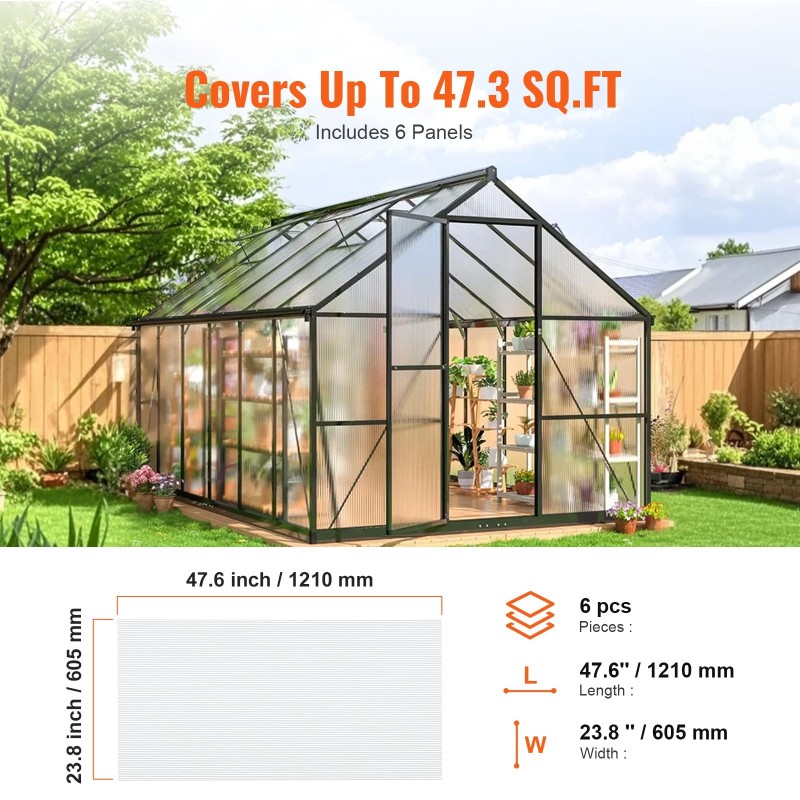 Polykarbonaattiset kasvihuonelevyt 6 kpl 1210x605x4 mm läpinäkyvät UV-suojatut