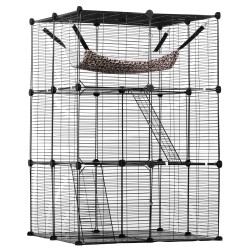 3 tasoinen teräslankainen kissahäkki 711 x 711 x 1041 mm musta riippumatto