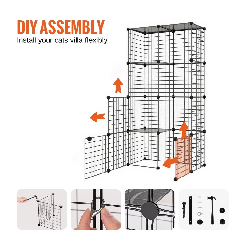 3-tasoinen teräslankainen kissahäkki 711 x 711 x 1041 mm musta riippumatto