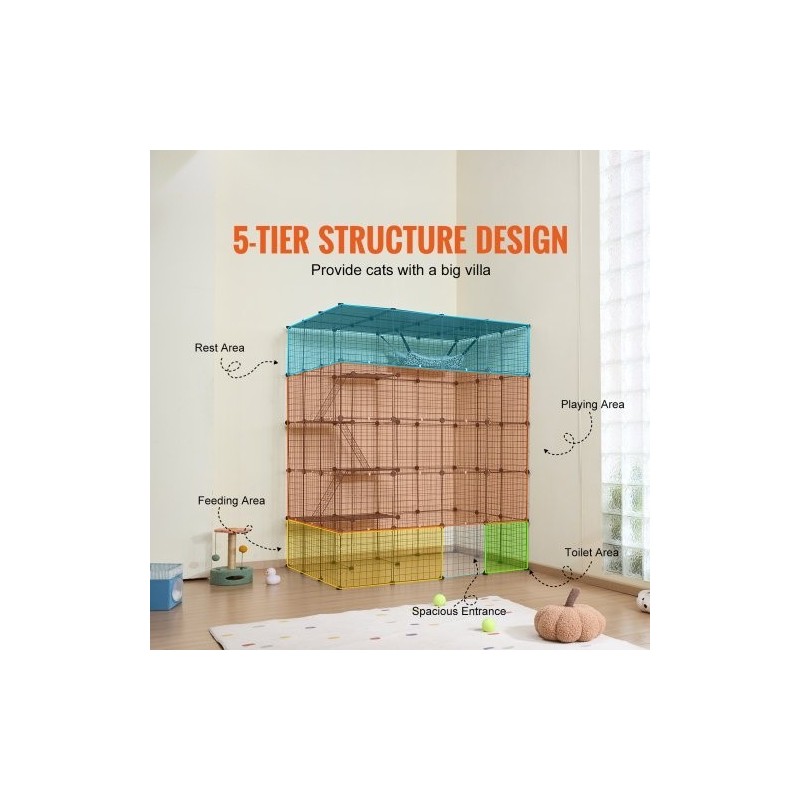 Kissanhäkki 4-tasoinen teräslankainen musta 1371 x 1041 x 1754 mm 5 ovella