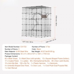 Kissanhäkki 4-tasoinen teräslankainen musta 1371 x 1041 x 1754 mm 5 ovella