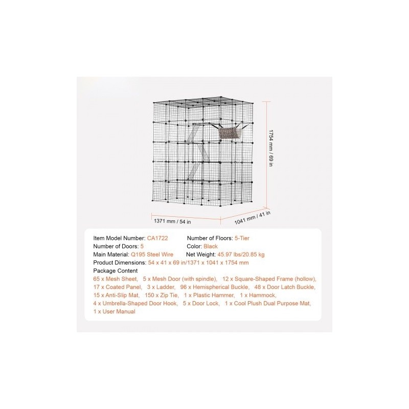 Kissanhäkki 4-tasoinen teräslankainen musta 1371 x 1041 x 1754 mm 5 ovella