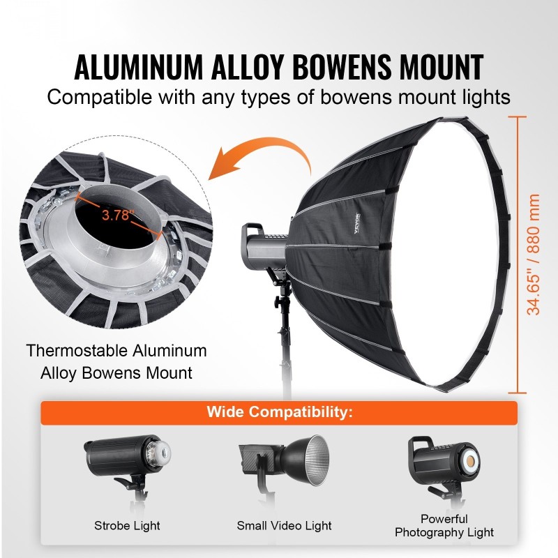 Parabolinen softbox 850 mm karkaistut teräskaaret Bowens-kiinnitys 3 diffuusokerrosta ja hunajakennoritilä