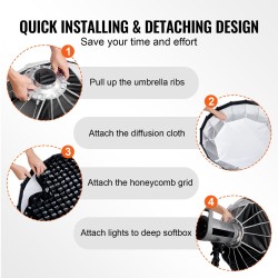 Parabolinen softbox 850 mm karkaistut teräskaaret Bowens-kiinnitys 3 diffuusokerrosta ja hunajakennoritilä