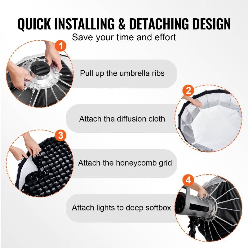 Parabolinen softbox 850 mm karkaistut teräskaaret Bowens-kiinnitys 3 diffuusokerrosta ja hunajakennoritilä