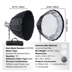 Parabolinen softbox 850 mm karkaistut teräskaaret Bowens-kiinnitys 3 diffuusokerrosta ja hunajakennoritilä
