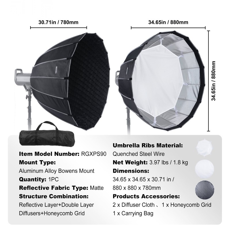 Parabolinen softbox 850 mm karkaistut teräskaaret Bowens-kiinnitys 3 diffuusokerrosta ja hunajakennoritilä