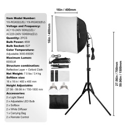 Softbox-valosetti valokuvaukseen 40x40 cm Oxford-kangas 45W LED-lamppu säädettävä 3000–6500K 2 kpl