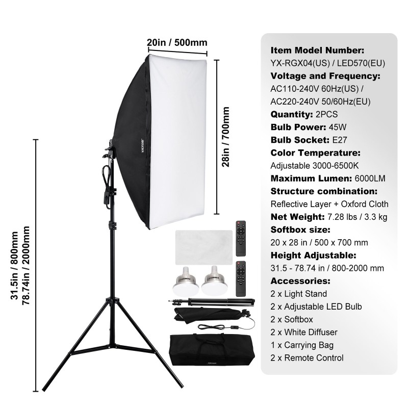 Softbox-valosetti 50 x 70 cm 2 E27-LED-lamppua 45W 3000–6500K valokuvaukseen ja videokuvaukseen