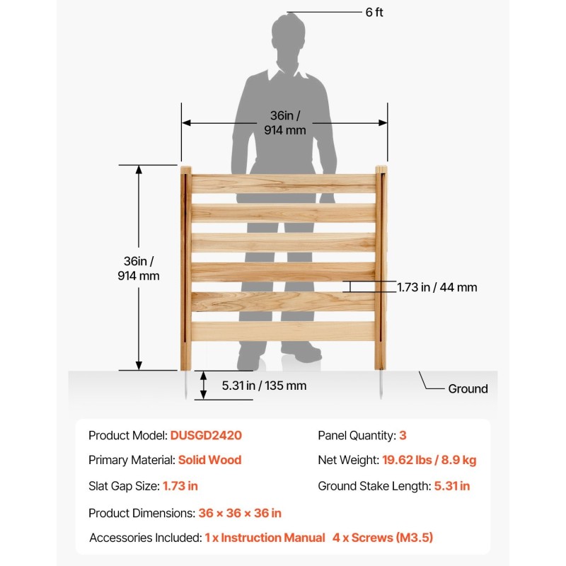 Puun yksityisyysaita täyspuuta metallipaaluilla kolmen paneelin korkeus 914 millimetriä