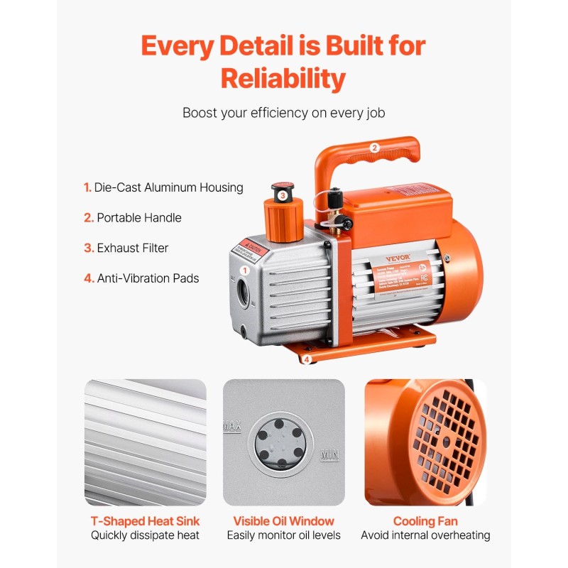 Yksivaiheinen tyhjiöpumppu 300 l/min 5 Pa kuparimoottori 280 ml