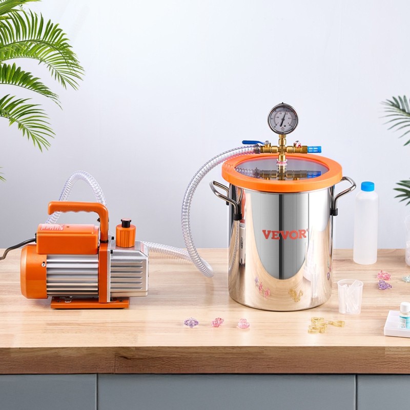 Tyhjiökammio 11 l ruostumatonta terästä ja 100 L/min tyhjiöpumppu hartsien kaasunpoistoon