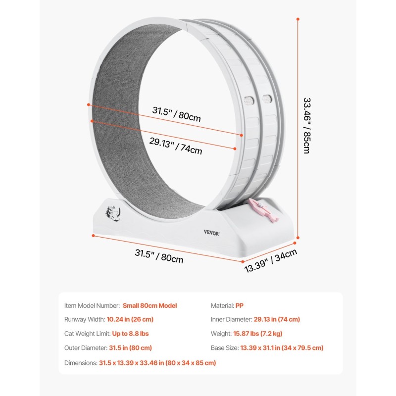 Kissan juoksupyörä PP-muovinen 80 cm hiljaiset rullat irrotettava sisämatto sopii sisäkäyttöön