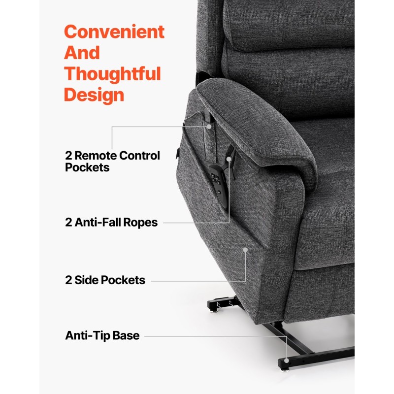 Sähkökäyttöinen nostettava lepotuoli pehmeällä verhoilulla kaksoismoottorilla hieronnalla ja lämmityksellä