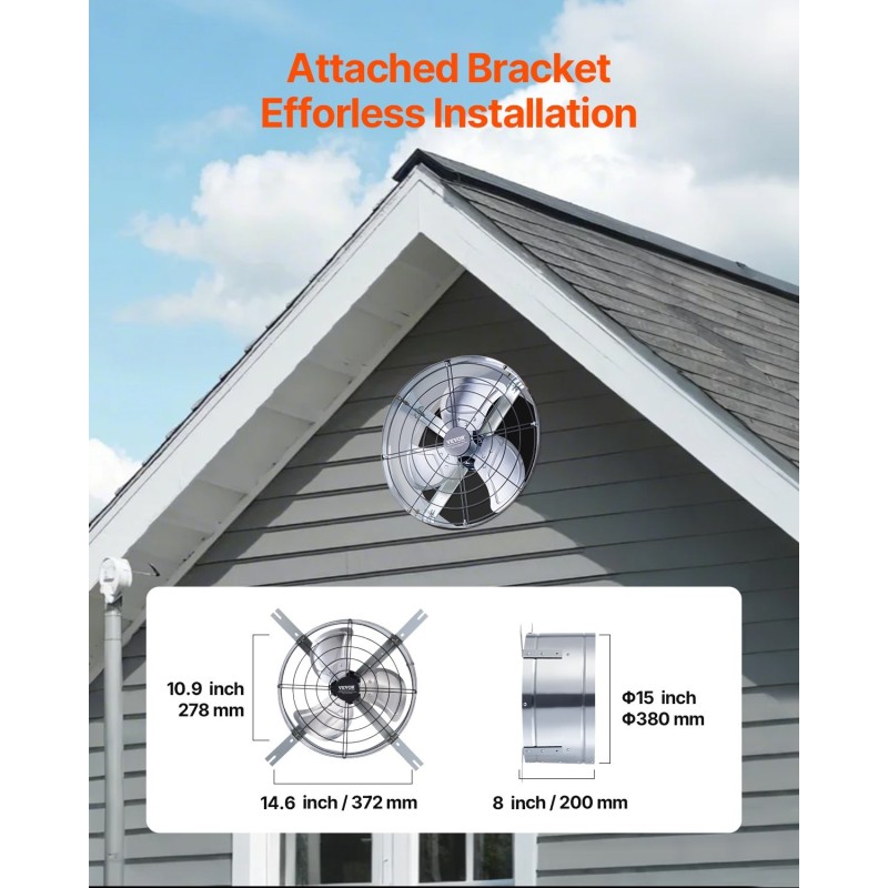 Ullakkopuhallin 15 tuumaa galvanoitu päätyseinään asennettava säädettävällä termostaatilla