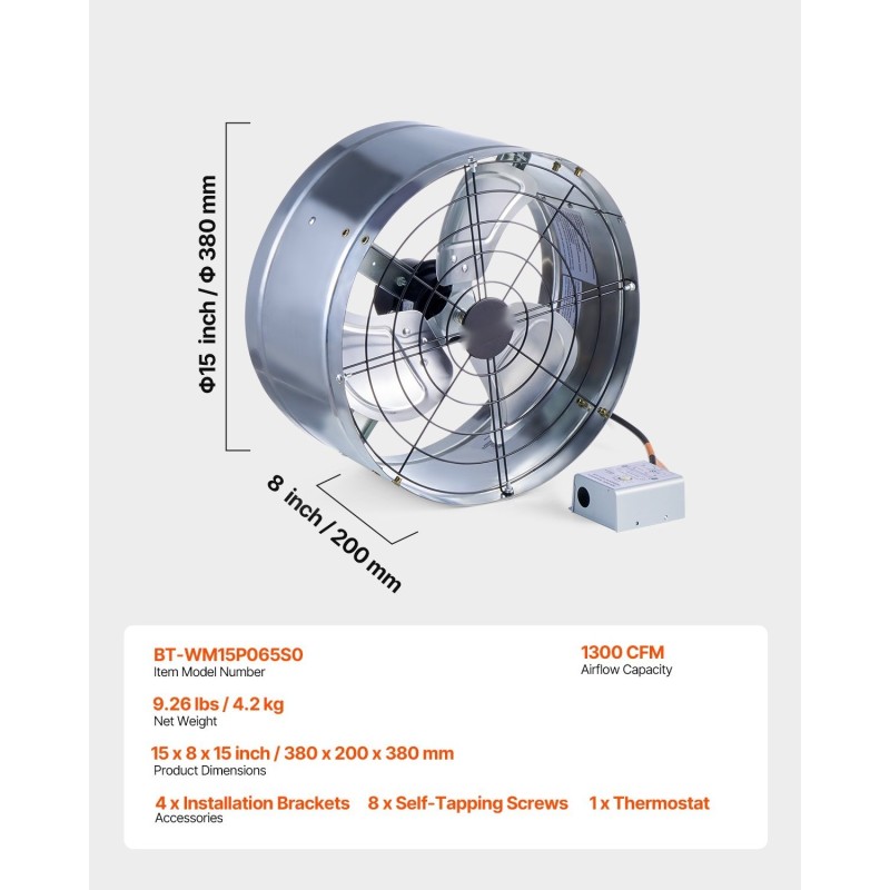 Ullakkopuhallin 15 tuumaa galvanoitu päätyseinään asennettava säädettävällä termostaatilla