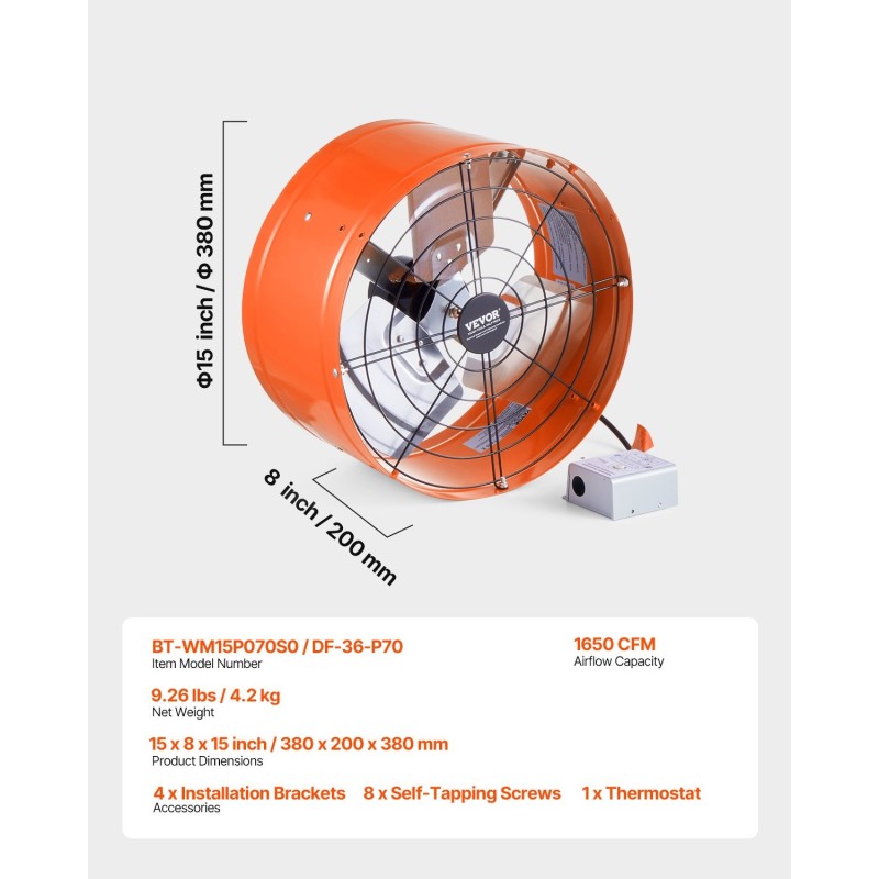 Päätyseinään asennettava 15-tuumainen poistoilmapuhallin säädettävällä termostaatilla ulkoverkolla sopii ullakolle ja
