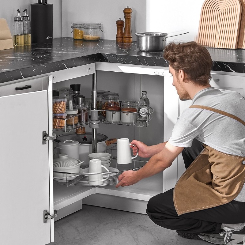 Kulmahylly munuaismallinen kaksikerroksinen kromipinnoitettu hiiliteräsrunko korkeussäädettävä 560–740 mm keittiön alakaappiin