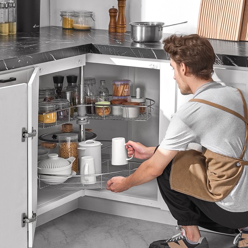 Kulmakaapin 2-kerroksinen munuaisenmuotoinen hylly hiiliteräs kromipinnoite täysin kääntyvä hydraulinen vaimennus