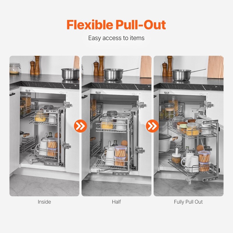 Ulosvedettävä sokean kulman kaapinjärjestelmä neljä koria hiiliteräs kromipinnoite alakaappiin