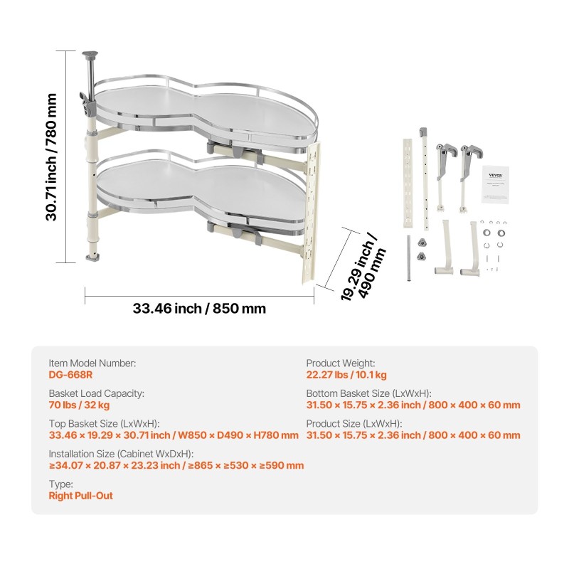 Ulosvedettävä kääntyvä kulmahylly kaksitasoinen hiiliteräs kromipinnoite sopii 900 mm leveään sokkelikulmakaappiin