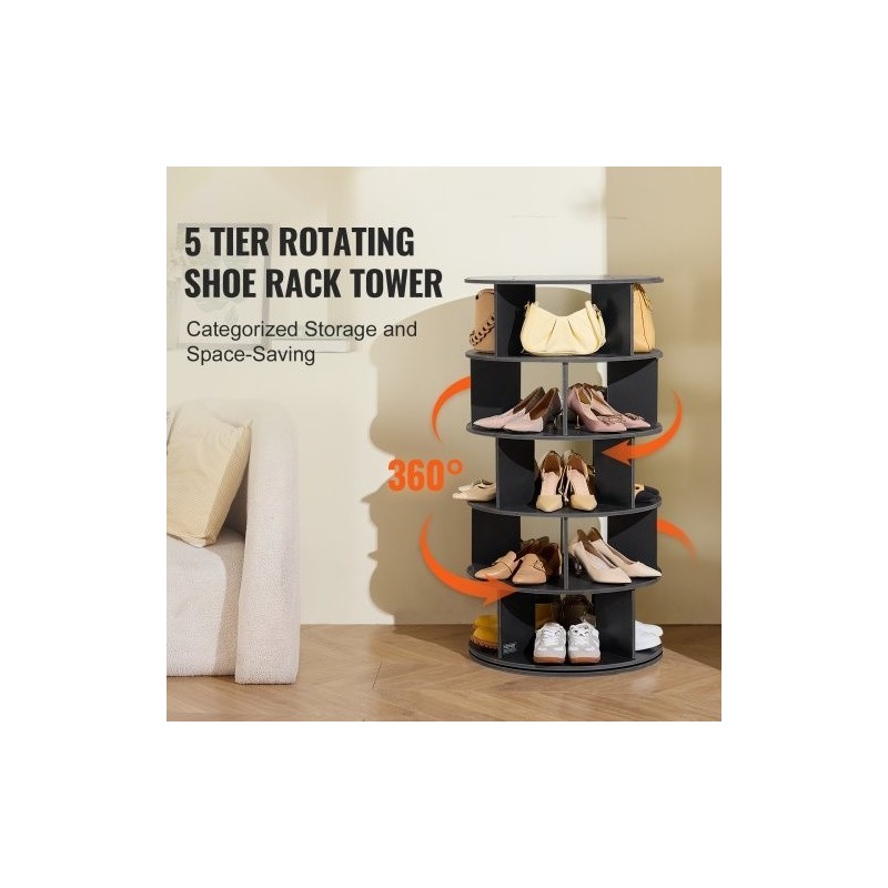 Pyörivä kenkäteline 5-tasoinen 4-pilarinen musta puu-muovilevy 20 paria