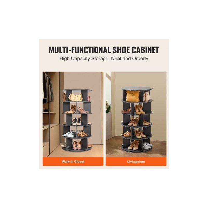 Pyörivä kenkäteline 5-tasoinen 4-pilarinen musta puu-muovilevy 20 paria