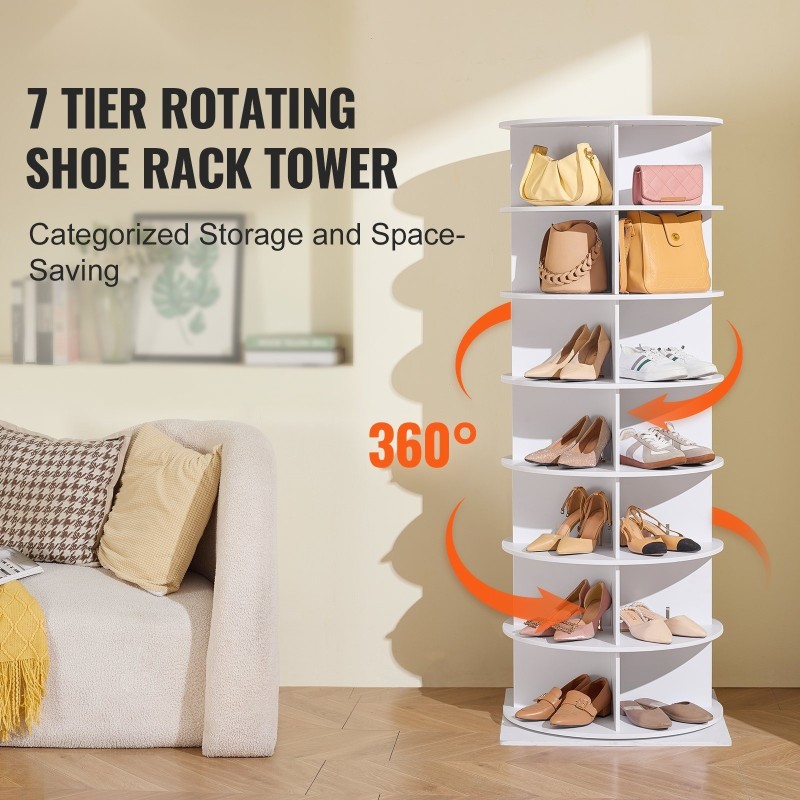 Pyörivä kenkäteline PVC-puumuovilevy 7 tasoa 28 paria valkoinen