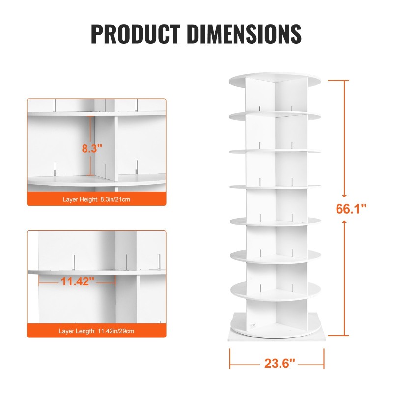 Pyörivä kenkäteline PVC-puumuovilevy 7 tasoa 28 paria valkoinen
