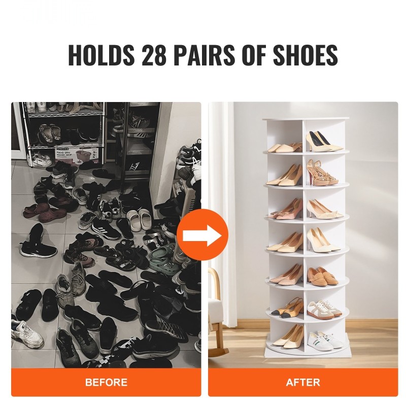 Pyörivä kenkäteline PVC-puumuovilevy 7 tasoa 28 paria valkoinen