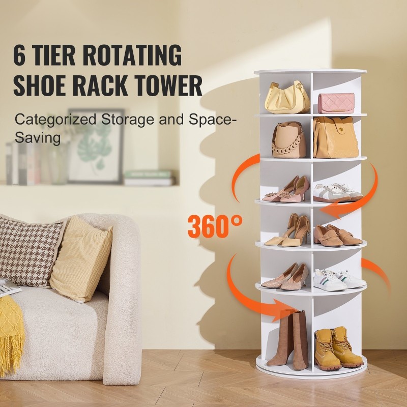 Pyörivä kenkäteline 6 tasoa 4 saraketta 24 paria puu-muovilevy valkoinen