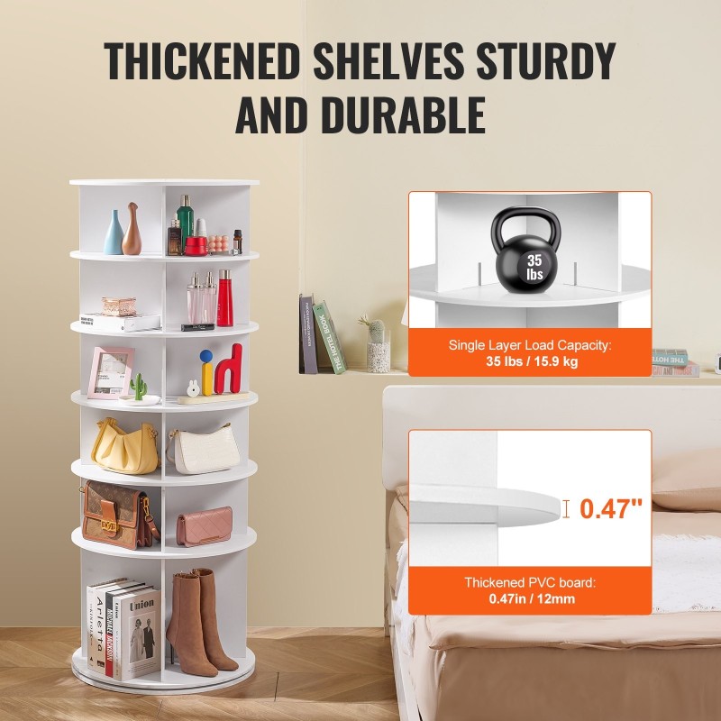 Pyörivä kenkäteline 6 tasoa 4 saraketta 24 paria puu-muovilevy valkoinen