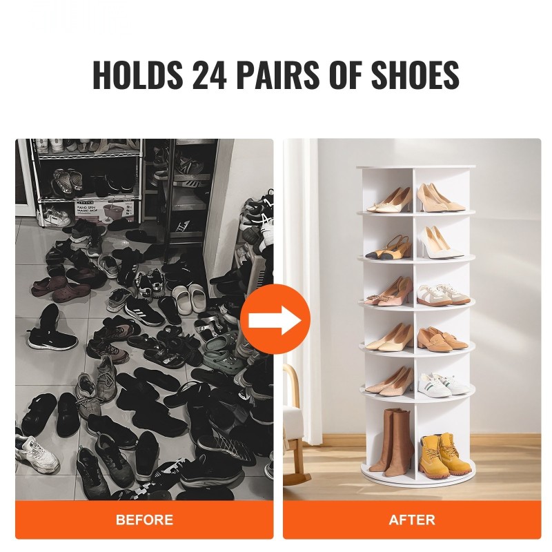 Pyörivä kenkäteline 6 tasoa 4 saraketta 24 paria puu-muovilevy valkoinen