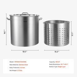 Keittokattila ruostumattomasta teräksestä 94,6 litran 0,8 mm yksikerroksinen pohja siiviläkori kansi kahvat