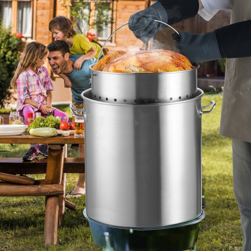 Keittokattila ruostumatonta terästä 79,5 litran siiviläkorilla yksikerrospohjalla kannella ammattikeittiöön