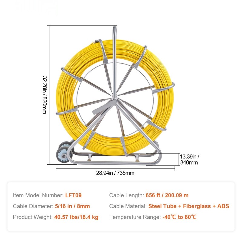 Lasikuituinen kaapelinvetoanastin 200,09 m 7,94 mm hiiliteräsrunko jarrukahva 3 vetopäätä