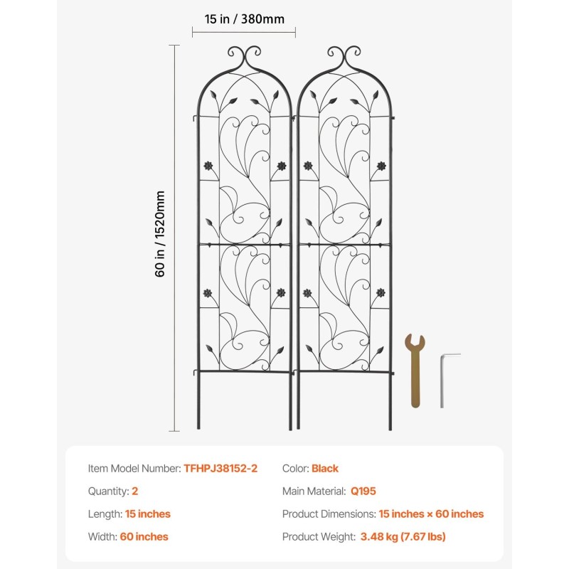 Metallinen köynnöstuki 2 kpl 152 x 38 cm jauhemaalattu musta puutarhaan