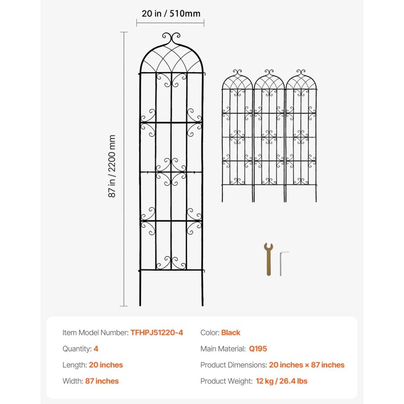 Metallinen köynnöstuki 4 kpl 220 cm korkea 51 cm leveä kiipeileville kasveille