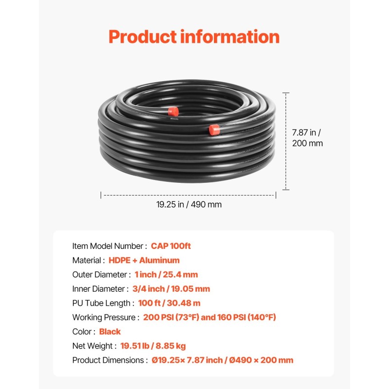 Paineilmaputkisarja kolmikerroksinen korkeatiheyksinen polyeteeni ja alumiini 30,48 metriä 19 millimetriä pajoihin