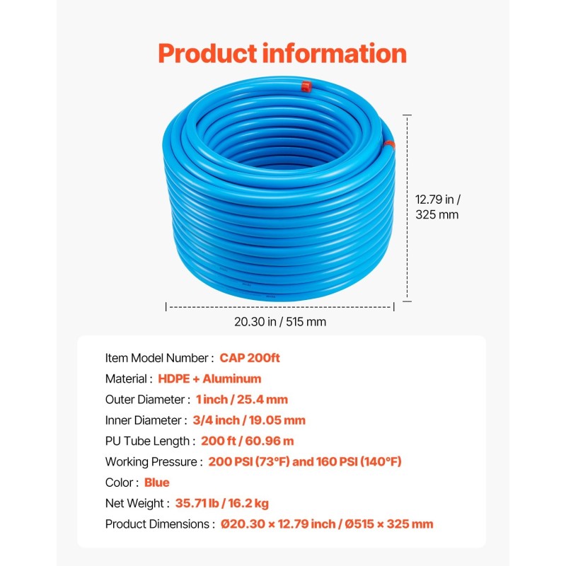 Paineilmaputkisto kolmikerroksinen HDPE-alumiini-HDPE 1 tuuma 60,96 m sininen verstaalle ja korjaamolle