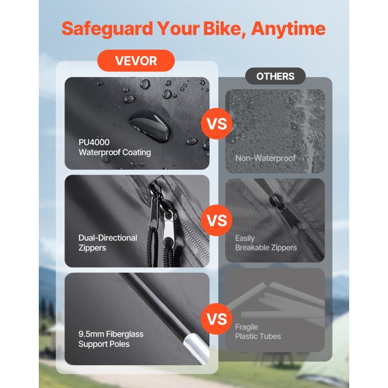 Pyöräsäilytysteltta 3–4 polkupyörälle Oxford-kangas 4000 mm vedenpitävä lasikuitutangot hengittävä ikkuna musta