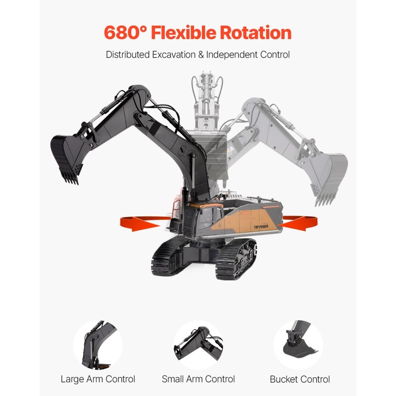 Kauko-ohjattava kaivinkone 1:14 metalliseos ja ABS-muovi kumitelat kaksi 1200 mAh akkua