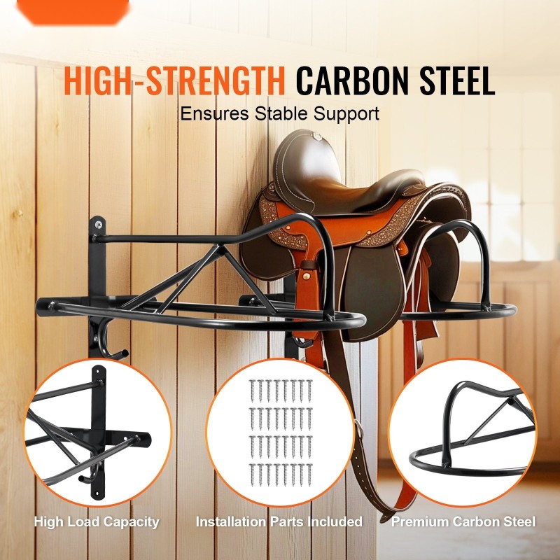 Seinään asennettava hiiliteräksinen satulateline 8-osainen mattamusta